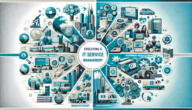 A collage showcasing various industries adapting to evolving IT Service Management practices, with elements symbolizing healthcare, finance, retail, manufacturing, education, government, telecommunications, and transportation.