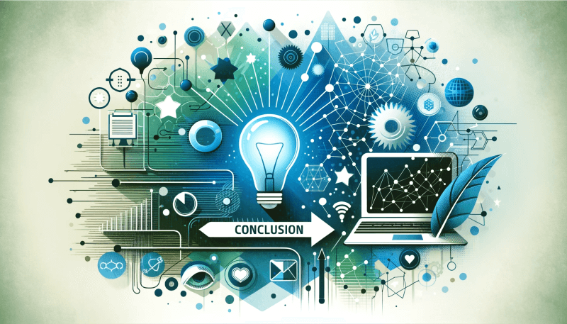 Conceptual image depicting the conclusion of ITSM's role in modern business, with symbols like a light bulb, digital networks, and a feather pen signifying innovation, connection, and thoughtful conclusion.